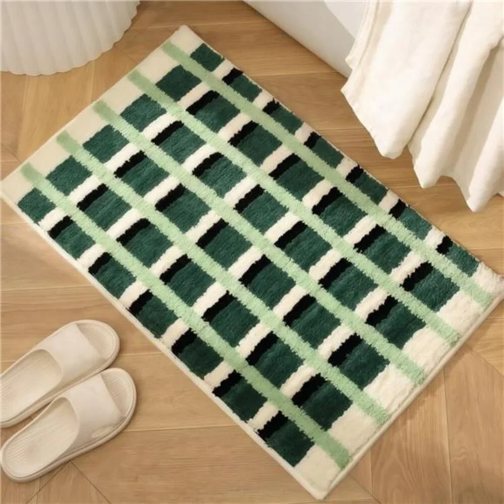 Green Checkered Bathroom Rug 24x16 Soft Absorbent Non Slip Washable Plush Bath M